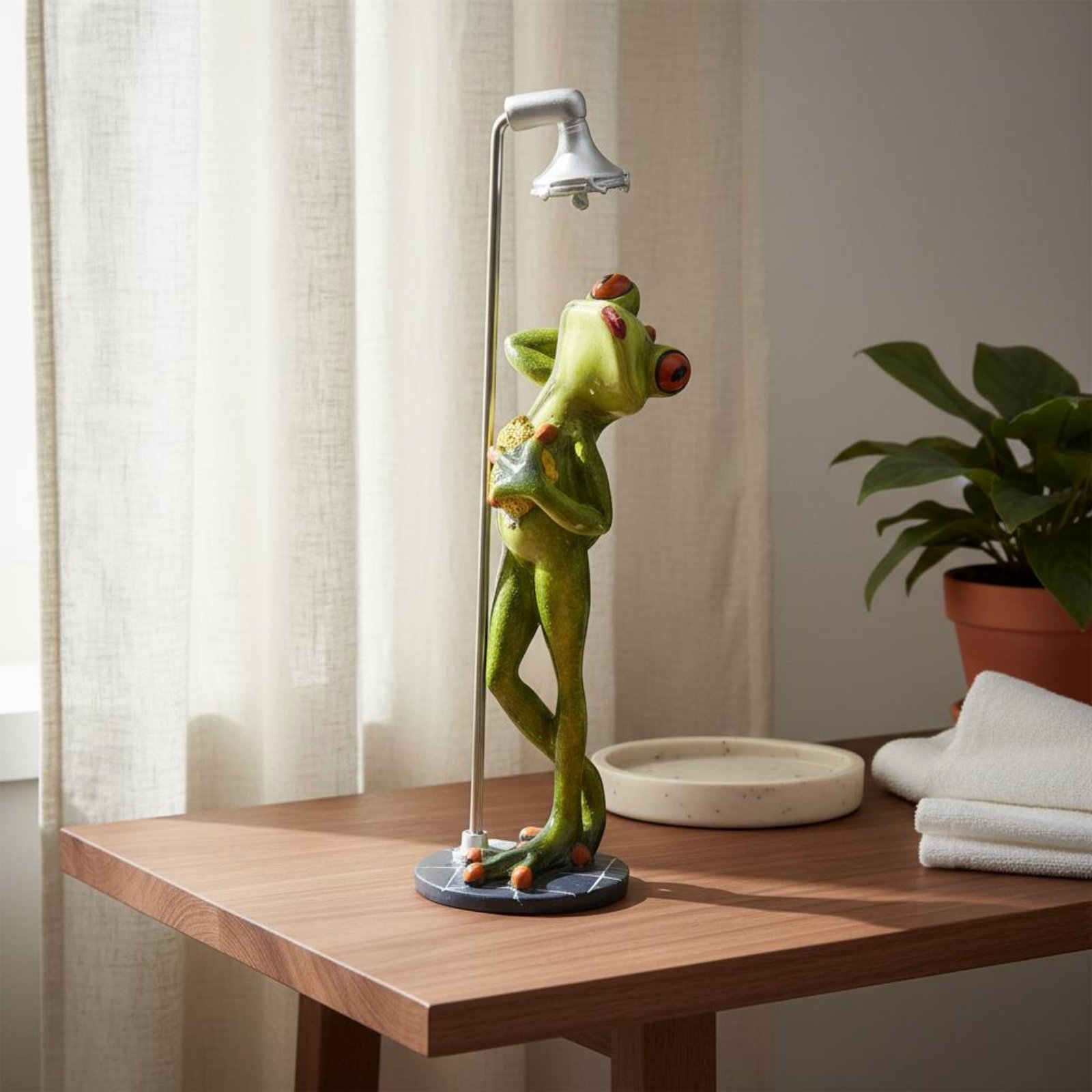 Showering Frog Figurine Great  - Home Bathroom Decor のレビューと価格